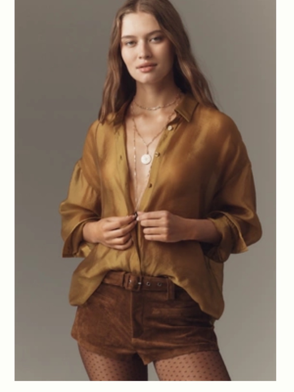 Anthropologie Sheer Button Down Blouse in Dried Moss